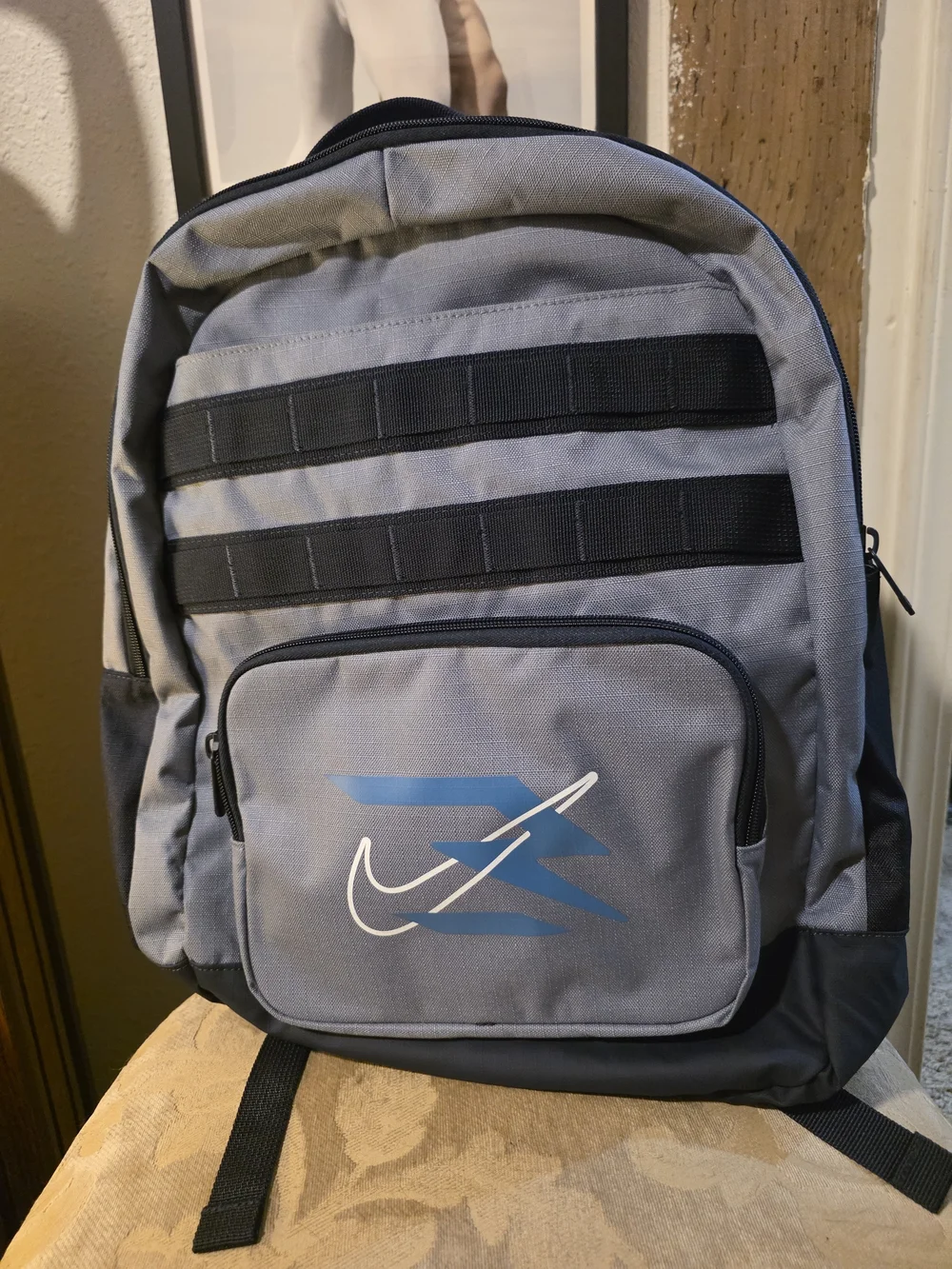 Nike Men's Gray and Blue Logo Backpack